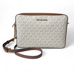 Michael Kors Jet Set Large Logo Crossbody White & Brown Purse